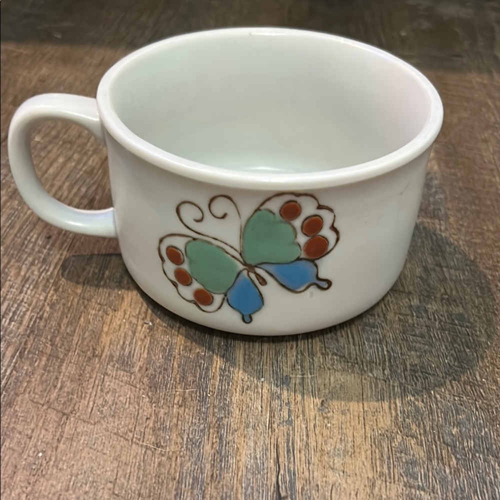 Vintage Stoneware Soup Mug Bowl Hand Painted Butterfly Design Blue Green